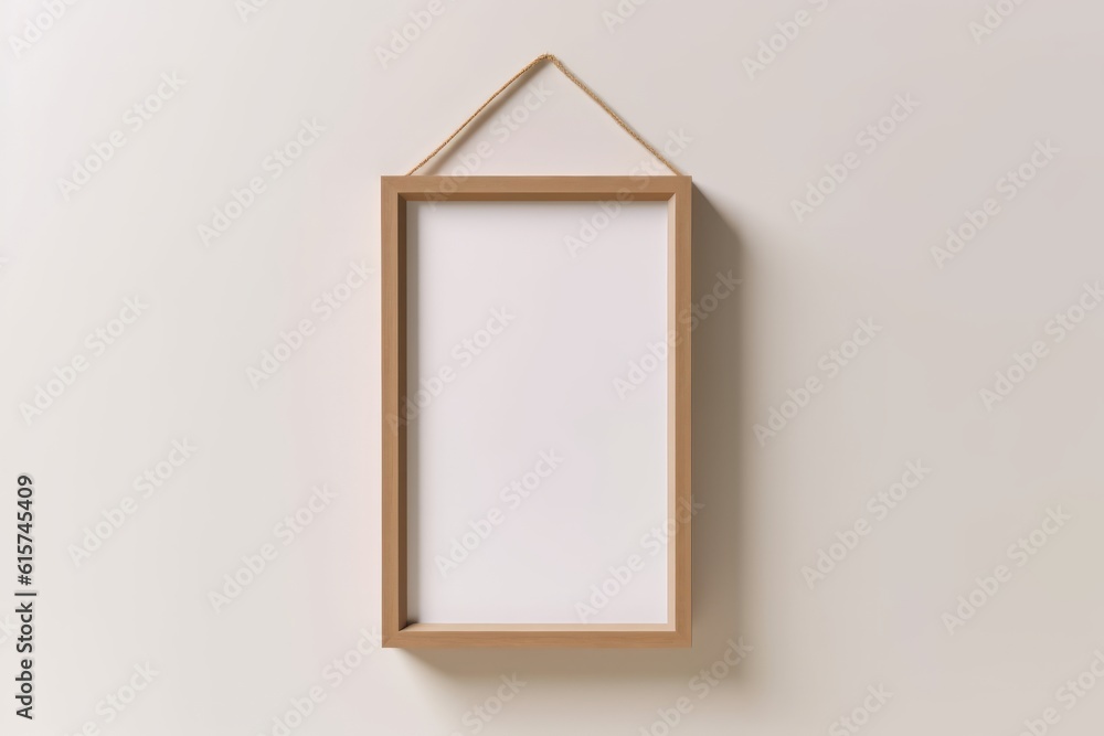 Blank Wooden Picture Frame Mockup Hanging on Beige Wall Empty Poster Mockup for Art Display. Front View with Copy Space, Generative AI Blank Wooden Picture Frame Mockup Hanging on Beige Wall Empty Poster Mockup for Art Display. Front View with Copy Space, Generative AI