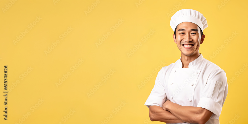 Portrait of a smiling Asian male chef isolated on solid yellow background. Banner, copy space 