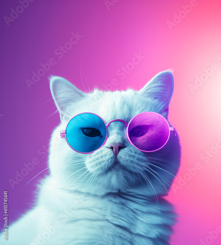 Minimal animal concept, hipster cat portrait with trendy retro sunglasses. Cute grumpy white cat on a pink background. Illustration. Generative AI.