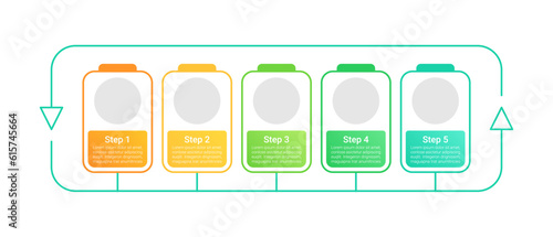 Rechargeable batteries infographic chart design template. Abstract infochart with copy space. Instructional graphics with 5 step sequence. Visual data presentation. Roboto Medium, Light fonts used