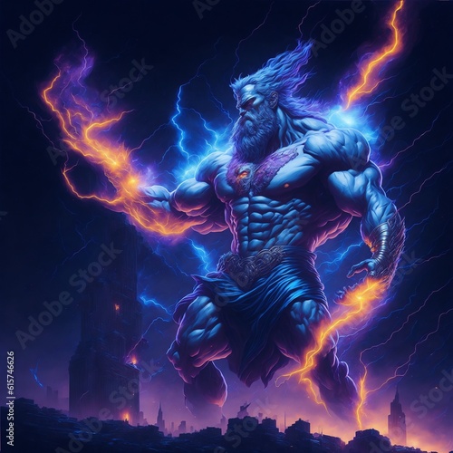 Powerful greek god Zeus destroying modern citiy. Generative AI