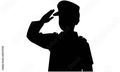 vector silhouette illustration of a kid boy saluting, black and white, isolated on white