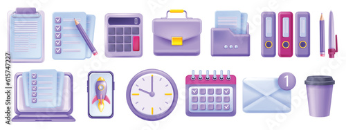 3D business work office icon set, vector stationery kit, management calendar, laptop screen document. Reception workplace object collection, email envelope, file folder, smartphone. Business icon