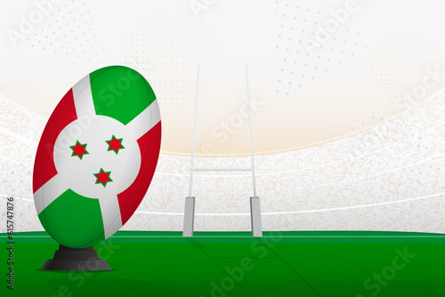 Burundi national team rugby ball on rugby stadium and goal posts, preparing for a penalty or free kick.
