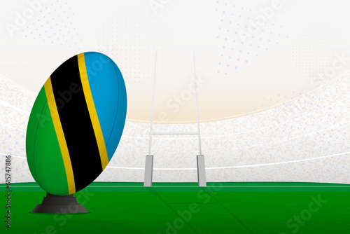 Tanzania national team rugby ball on rugby stadium and goal posts  preparing for a penalty or free kick.