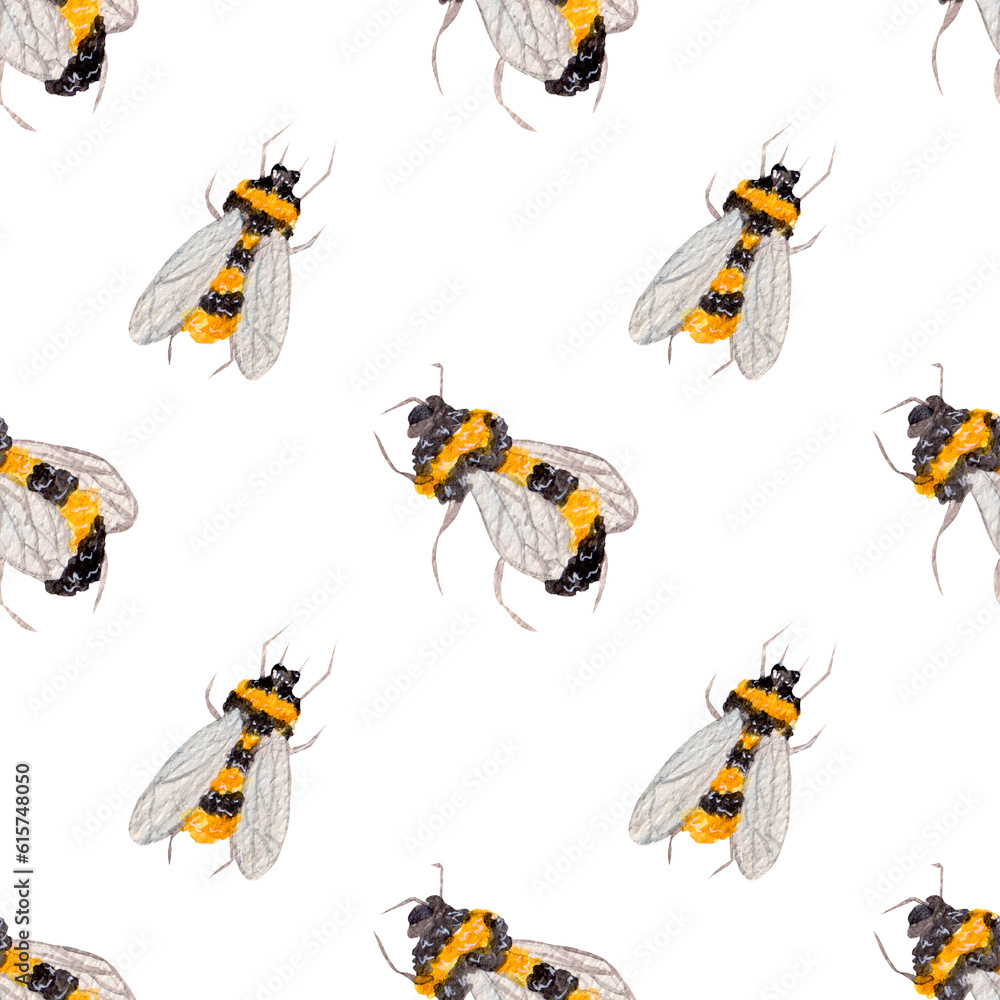Watercolor seamless pattern, bright bees on white background. Simple pattern for various products, hobbies, wrapping etc