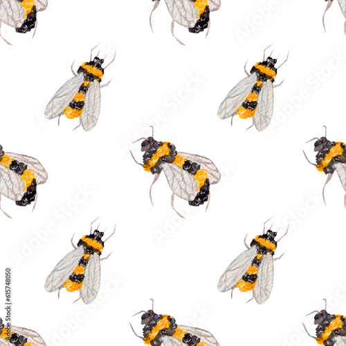 Watercolor seamless pattern, bright bees on white background. Simple pattern for various products, hobbies, wrapping etc © Yussi_161