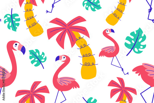 Colourful tropics Summer Seamless Pattern. Hand drawn doodle beauty beach summertime kids background wallpaper for fashion graphic print, textile, apparel, wrapping paper vector