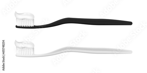 A realistic 3D toothbrush and toothpaste set isolated on a white background. This dental care vector image features a black and white toothbrush with bristles. For dental hygiene illustrations