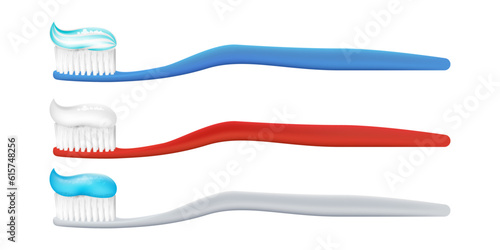 Collection of realistic 3D toothbrushes and toothpaste on a white background. For promoting dental care products, or illustrating oral hygiene practices. White and blue toothpaste.