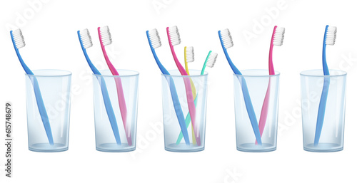 Realistic 3D toothbrush set in a glass cup, featuring a pair of toothbrushes with blue and pink bristles. Perfect for family and kids, promoting oral health, hygiene, dental care. Phases of life