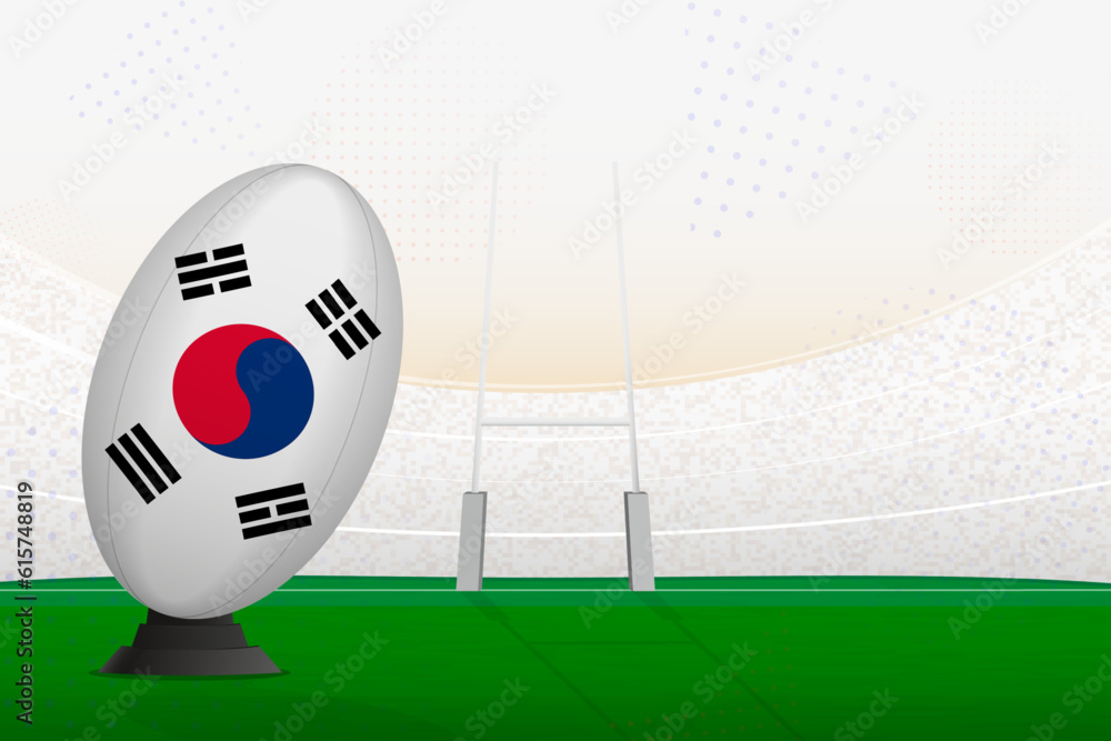 South Korea national team rugby ball on rugby stadium and goal posts, preparing for a penalty or free kick. South Korea national team rugby ball on rugby stadium and goal posts, preparing for a penalty or free kick.