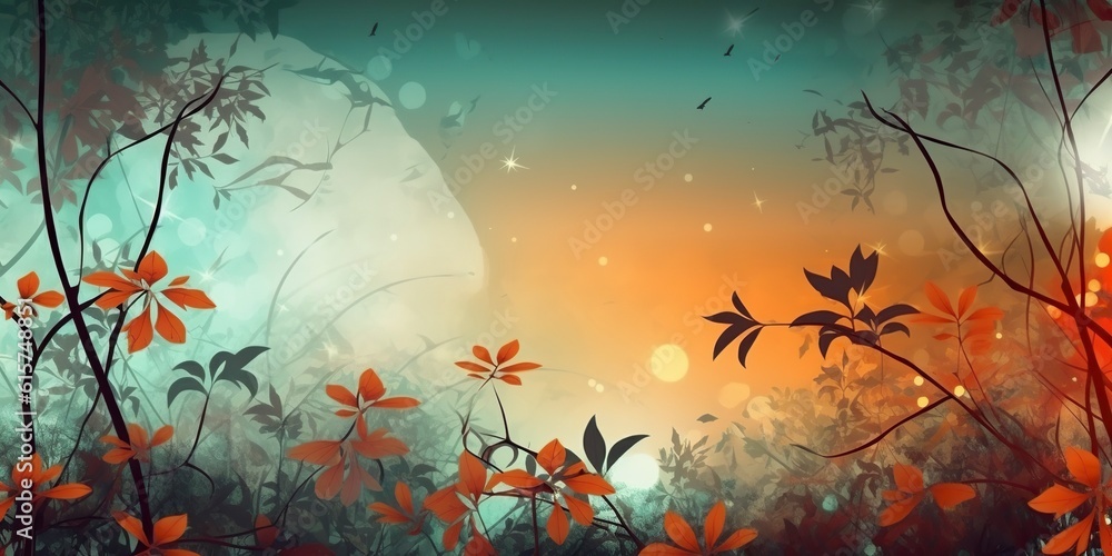 Artistic painted background with ornate branches, flowers, and central copy space. AI Generated.