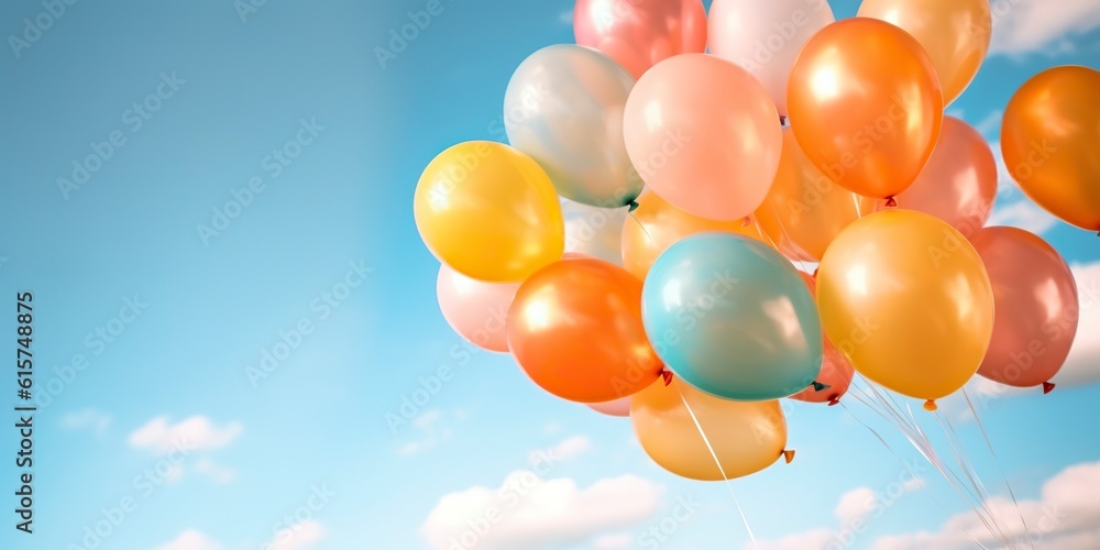 Colorful balloons floating on blue sky background. Ai generated. Colorful balloons floating on blue sky background. Ai generated.