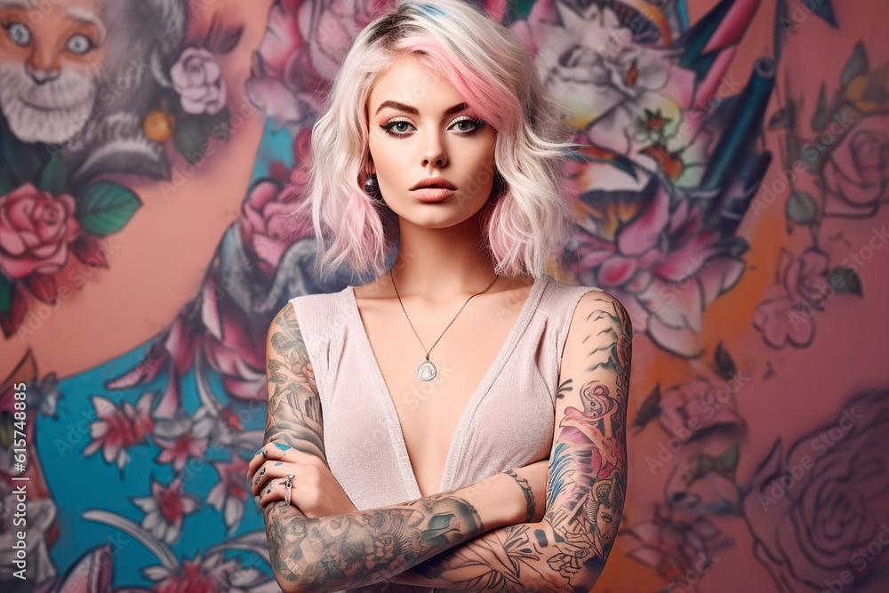 captivating allure of a model woman adorned with a stunning array of tattoos. AI generated captivating allure of a model woman adorned with a stunning array of tattoos. AI generated