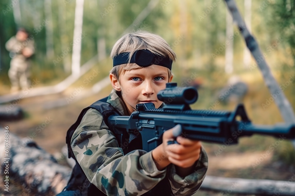 Fototapeta premium children play with fake machine guns, dressed in camouflage clothing.