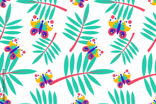 Colourful tropics Summer Seamless Pattern. Hand drawn doodle beauty beach summertime kids background wallpaper for fashion graphic print  textile  apparel  wrapping paper vector