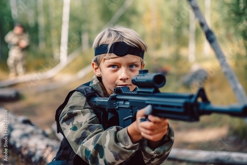 children play with fake machine guns, dressed in camouflage clothing.