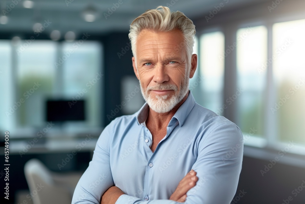 A mature man in a shirt poses ambitiously before a photographer's camera. A mature man in a shirt poses ambitiously before a photographer's camera.