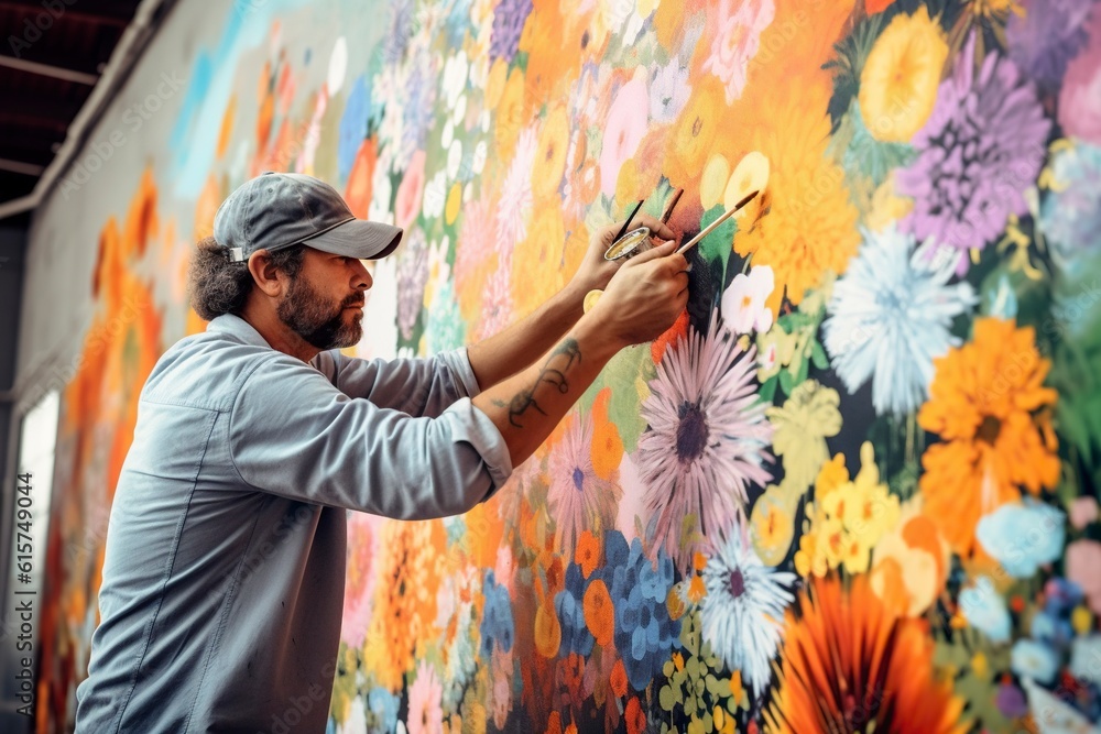 A vibrant mural comes to life as a street artist sprays paint on a wall