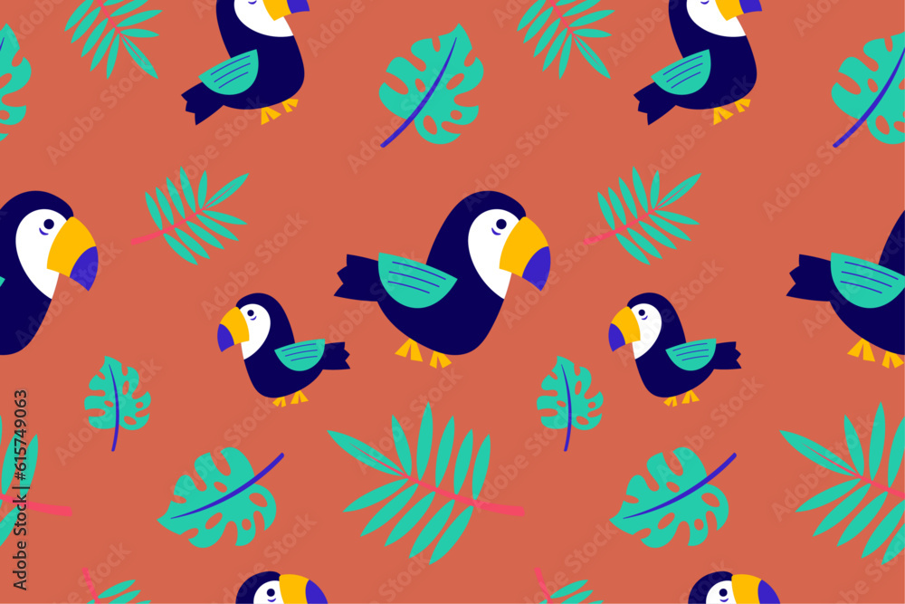 Fototapeta premium Colourful tropics Summer Seamless Pattern. Hand drawn doodle beauty beach summertime kids background wallpaper for fashion graphic print, textile, apparel, wrapping paper vector