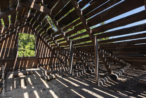 Abstract grunge wooden interior with striped pattern of sunbeams