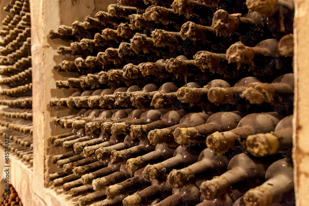 Old bottles of wine stacked in rows