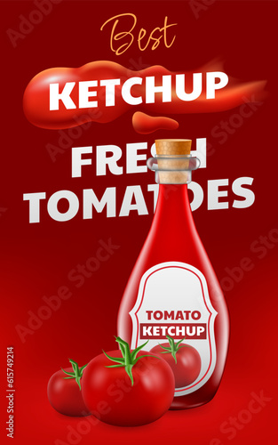 Realistic 3D vector illustration of a glass bottle with delicious tomato ketchup. The image showcases a dripping ketchup drop forming a stain, adding a dynamic touch. Perfect for advertising, branding