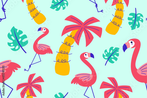 Colourful tropics Summer Seamless Pattern. Hand drawn doodle beauty beach summertime kids background wallpaper for fashion graphic print, textile, apparel, wrapping paper vector