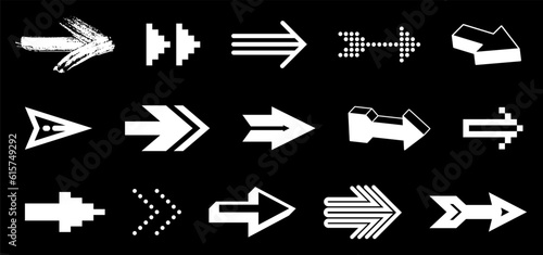 Arrow symbols big set of different shapes styles and concepts, cursors for icons or logo creation, single color monochrome logotypes.