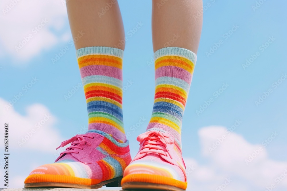 On a blue sky background, fun rainbow colored socks. Ai generated. On a blue sky background, fun rainbow colored socks. Ai generated.