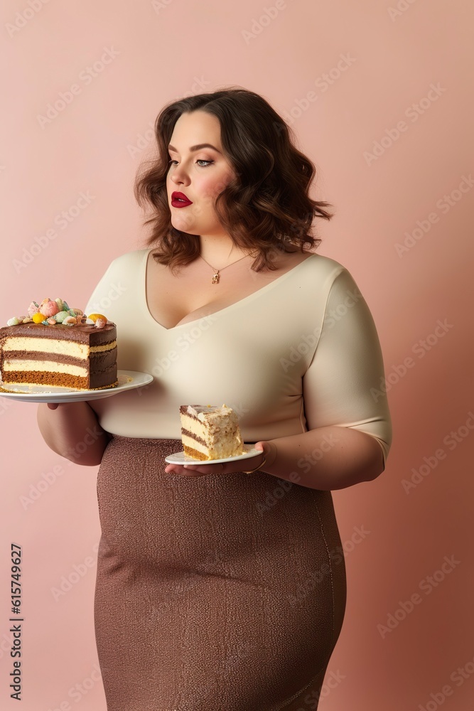 ndulging in a tempting cake, the obese woman contemplates, mindful of diabetes.. Ai generated. ndulging in a tempting cake, the obese woman contemplates, mindful of diabetes.. Ai generated.