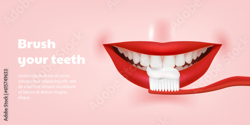 Beautiful 3D illustration for a medicine banner featuring a red toothbrush brushing realistic teeth with a bright smile. Promotes dental care, hygiene, and teeth whitening. For dental clinics