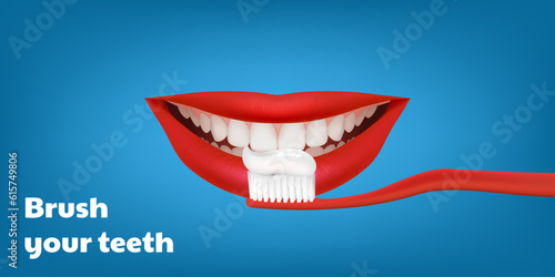 3D blue banner featuring a red toothbrush brushing realistic teeth with a beautiful smiling red lips. For dental equipment, caries treatment. Toothpaste promotion, protection and enamel whitening