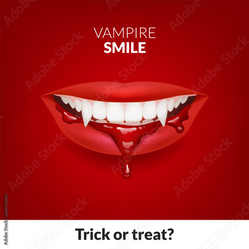 Vector illustration of a vampire smile, featuring sharp fangs and blood red lips with bloodstains and drops. Ideal for horror or spooky themes. Vampire bite. Get ready for a Halloween trick or treat 