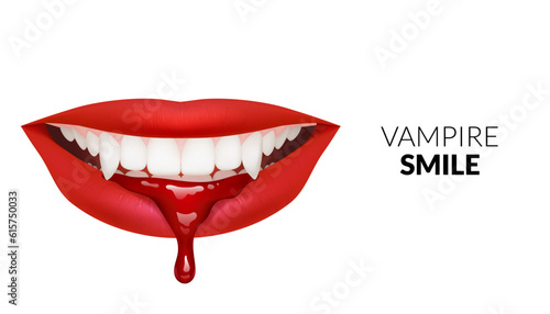3D illustration of a vampire smile, featuring sharp fangs and blood red lips with splatters of blood drops. Ideal for horror or spooky themes. 
Realistic teeth and lips.