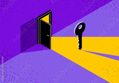The key to success vector conceptual illustration with half open door giving light to dark place and key, new opportunities, secret mysterious door.