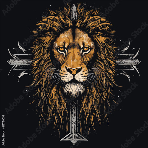 Vintage symbol lion head and cross in tattoo style Emblem  t-shirt graphic. Vector illustration.
