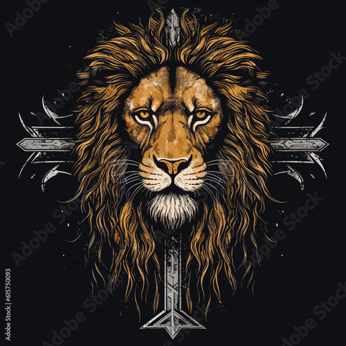 Vintage symbol lion head and cross in tattoo style Emblem, t-shirt graphic. Vector illustration.