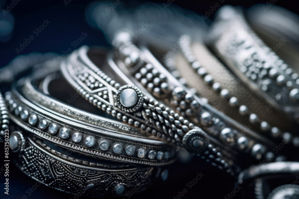 Fototapeta premium Silver jewelry with intricate designs. These stunning pieces not only enhance your style but also serve as a valuable investment for the future.