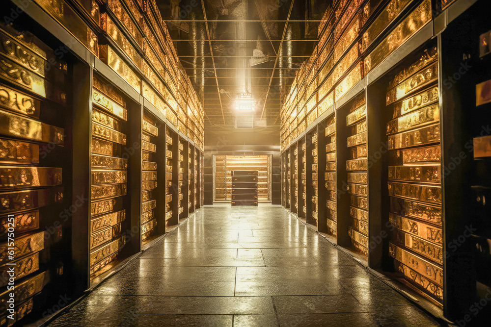 Secure vault filled with gold, invoking the feeling of security and peace of mind that comes with owning these precious metals Secure vault filled with gold, invoking the feeling of security and peace of mind that comes with owning these precious metals