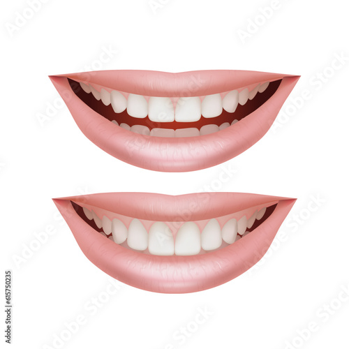 Set of 3D illustrations featuring realistic lips with beautiful smiles. Collection showcases the anatomy of healthy teeth and dental care. For dental clinics, dentists, and orthodontics, makeup