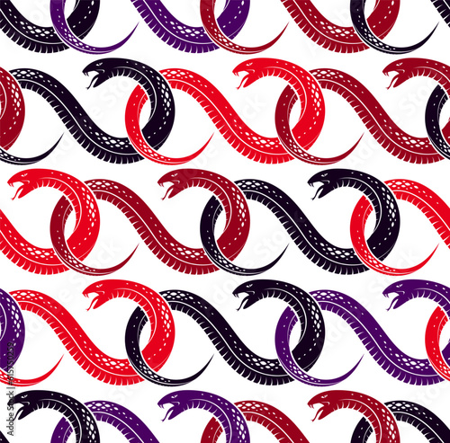 Snakes seamless background, vector dangerous venom serpents pattern, vintage style drawing tiling endless wallpaper.