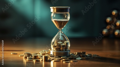 Time is Money: Sand Clocks with Coins on a Table made with Generative AI photo