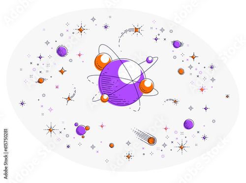 Fantastic galaxy with unknown weird undiscovered planets with stars, meteors, asteroids and other elements. Explore universe, breathtaking science fiction. Thin line 3d vector illustration isolated.