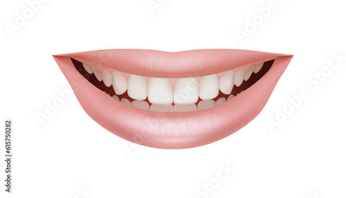 Realistic and beautiful 3D illustration of a female smile, featuring shiny pink lips and white teeth. Perfect for dental, cosmetic, or oral care themes. Isolated on a white