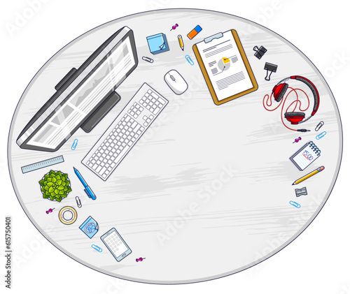 Work desk workspace top view with PC computer and a lot of different stationery objects on table with copy space for text. All elements are easy to use separately or recompose illustration. Vector.