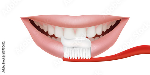 3D illustration of a realistic smile with healthy teeth. Realistic teeth being brushed using a red toothbrush. Oral health and hygiene For dental equipment or whitening treatment. Toothpaste promotion