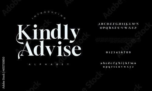 Kindlyadvise premium luxury elegant alphabet letters and numbers. Elegant wedding typography classic serif font decorative vintage retro. Creative vector illustration