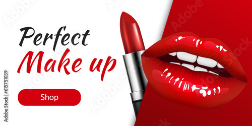 3D illustration of realistic lips with a glossy red lipstick, for beauty salon advertising. Horizontal banner of elegance and glamour of the lip product. Premium and luxurious design of makeup ad